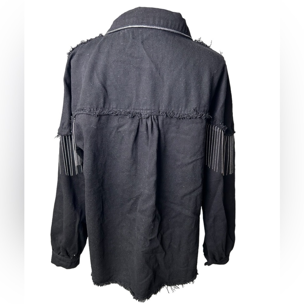 FINDTHY Women’s Fashion Rhinestone Fringe Jacket Long Sleeve Denim Jean Jacket - Picture 6 of 11